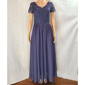 New Mother of the Bride/Bridesmaid (2) Stormy Blue Lace & Chiffon Maxi Dress